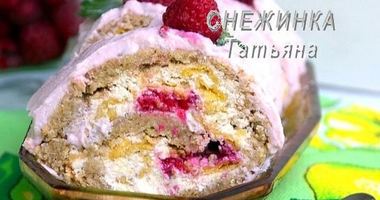 Рецепт Рулета из овсяных хлопьев с творожно-малиновой начинкой и кремом