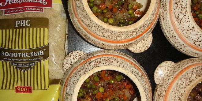 Рецепт риса с говядиной в горшочках