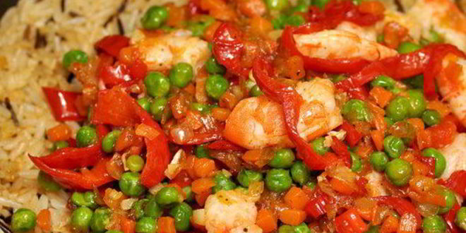 Рецепт риса с креветками и зеленым горошком