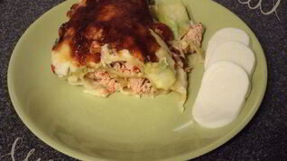 Рецепт Каннеллонь с начинкой из курицы и перца, с кабачком и помидорами