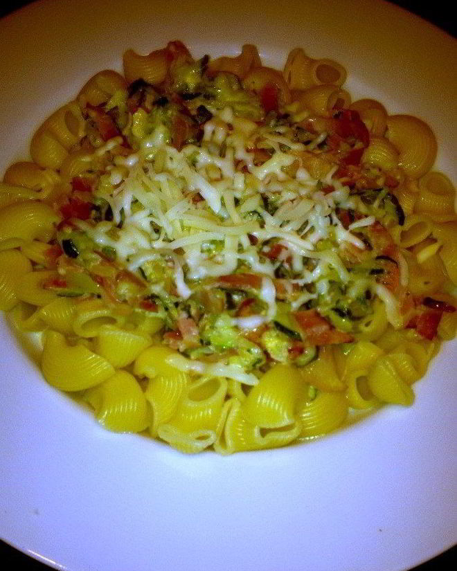 Рецепт макарон с ветчиной и цукини