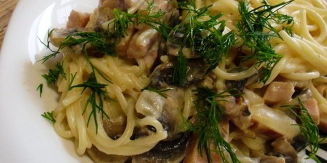 Рецепт Пасты с ветчиной и грибами в сливочном соусе