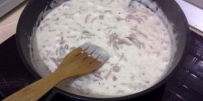 Рецепт пасты с ветчиной и грибами в сливочном соусе