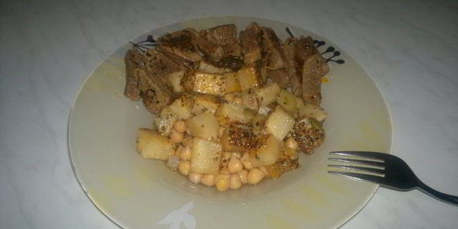 Рецепт Нута с корнем сельдерея в оливково-горчичном соусе и говядина с эстрагоном и чили