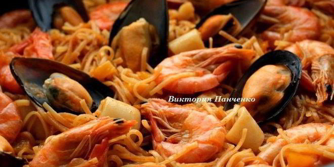 Рецепт Паэльи с пастой и морепродуктами Фидеуа