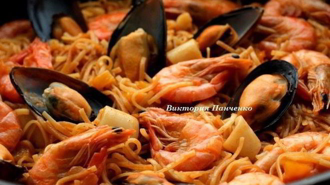 Рецепт паэльи с пастой и морепродуктами фидеуа