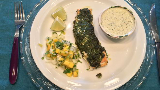 Рецепт лосося, запеченного пода укропным песто