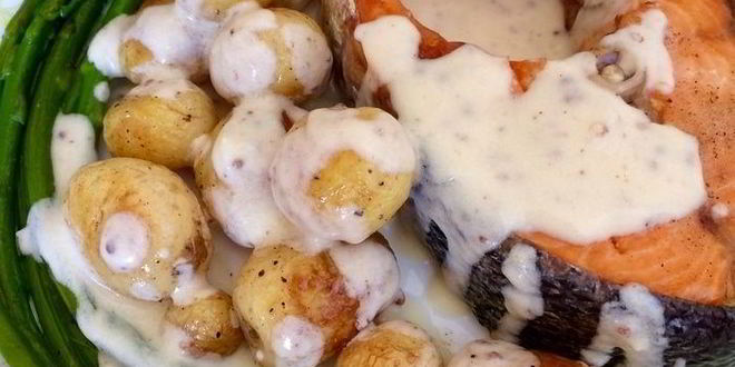 Рецепт семги с овощами под сливочно-горчичным соусом