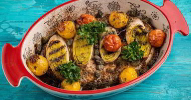 Рецепт Стейка лосося, запеченный с помидорами черри