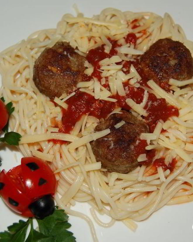 Рецепт тефтелек и спагетти с соусом божья коровка