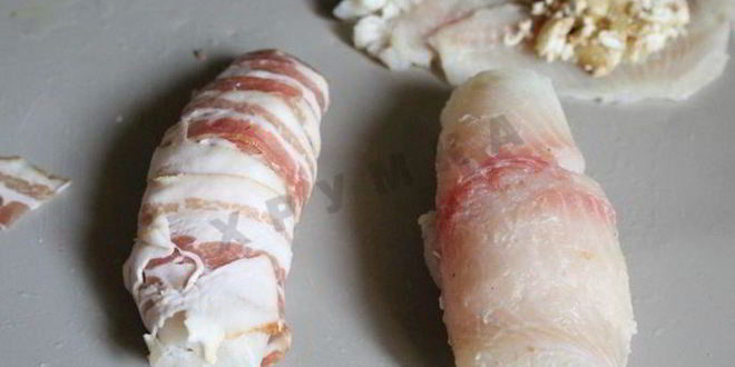 Рецепт зраз из тилапии в беконе с овощным салатом