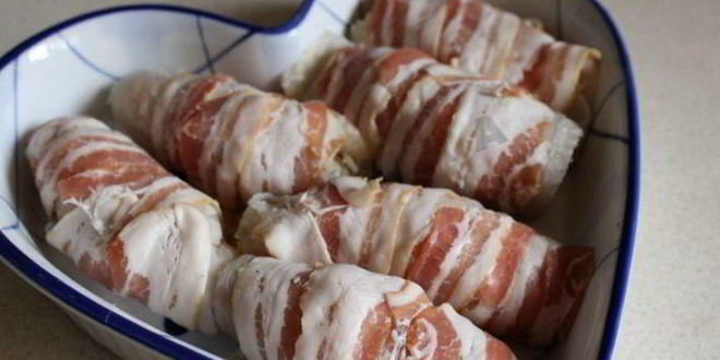 Рецепт зраз из тилапии в беконе с овощным салатом