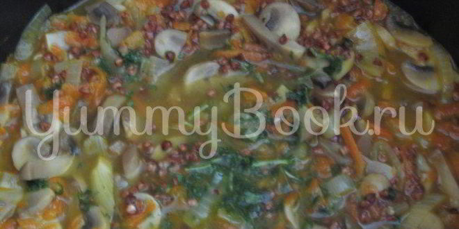 Рецепт гречки с грибами, куриной печенью и сердцами в мультиварке