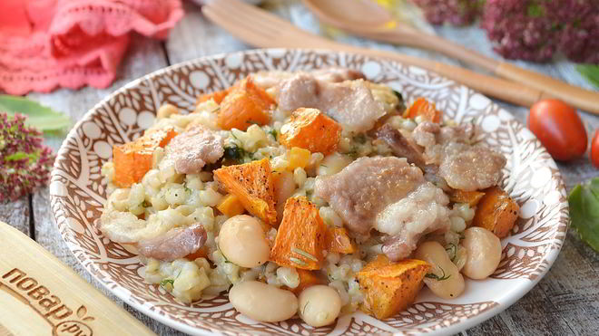 Рецепт перловой каши с фасолью, тыквой и беконом