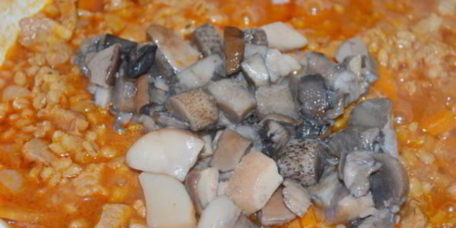 Рецепт перловки со свининой и грибами в томатном соусе