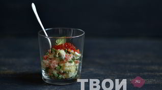 Рецепт Оливье с семгой и красной икрой