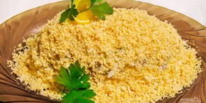 Рецепт салата мимоза с консервой и сливочным маслом