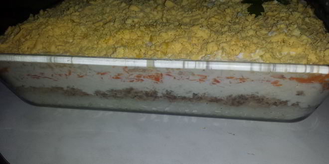 Рецепт Салата Мимоза с тунцом, рисом и картофелем