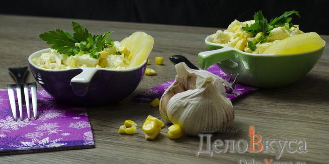 Рецепт салата с ананасами, курицей, сыром и кукурузой