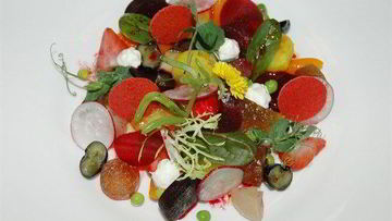 Рецепт Винегрета с чипсами из томатов и ежевики