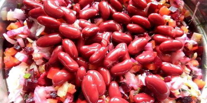 Рецепт винегрета с фасолью и жареным луком