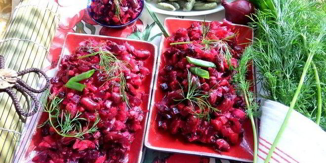 Рецепт винегрета с фасолью и жареным луком