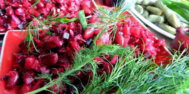 Рецепт винегрета с фасолью и жареным луком