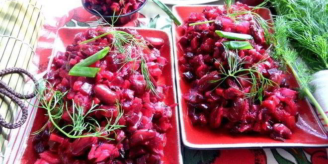 Рецепт винегрета с фасолью и жареным луком