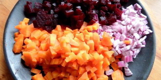 Рецепт винегрета с фасолью и жареным луком