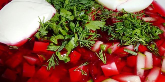 Рецепт холодного борща из свеклы с колбасой