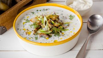 Рецепт Холодного супа на огуречном рассоле с огурцами и жареной рыбой