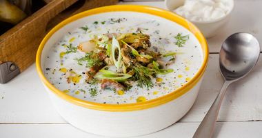 Рецепт Холодного супа на огуречном рассоле с огурцами и жареной рыбой