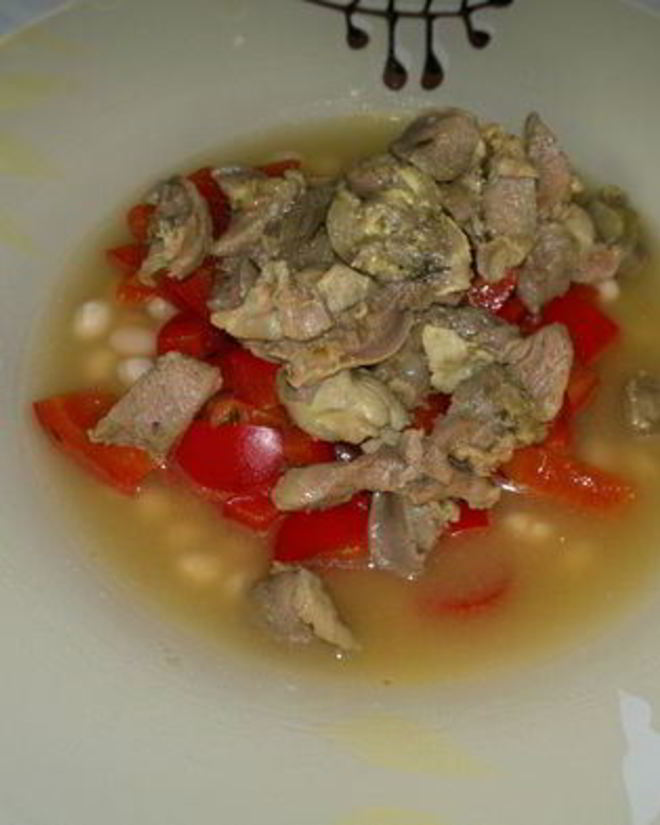 Рецепт похлебки с куриными желудками и бедром индейки со сладким перцем