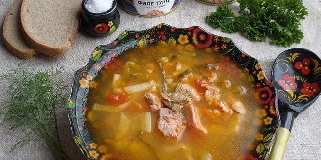 Рецепт рассольника с тунцом
