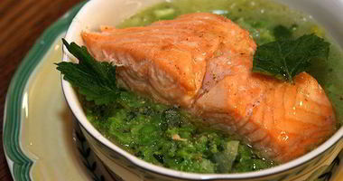 Рецепт Семги с супом-пюре из зеленого горошка