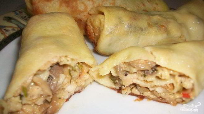 Рецепт блинов с мясом и грибами