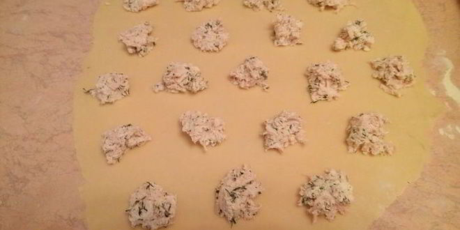 Рецепт мини-пирожков из творожного теста с сырно-куриной начинкой