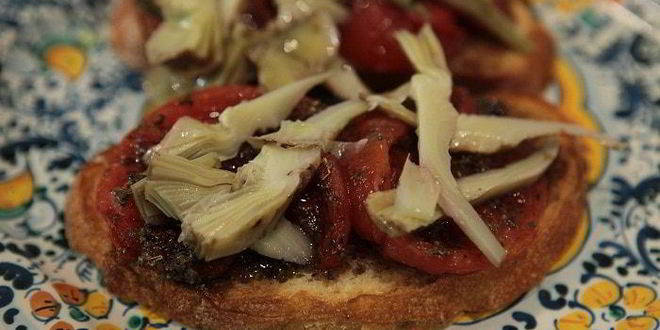 Рецепт Брускетты с помидорами-гриль и артишоками