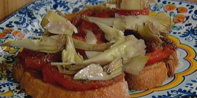 Рецепт брускетты с помидорами-гриль и артишоками