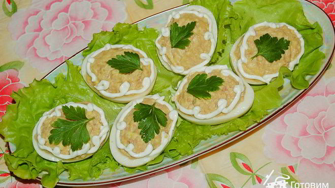 Рецепт яиц, фаршированных печенью трески