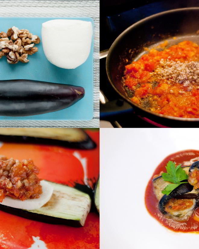 Рецепт баклажановых рулетиков с моцареллой и томатным соусом