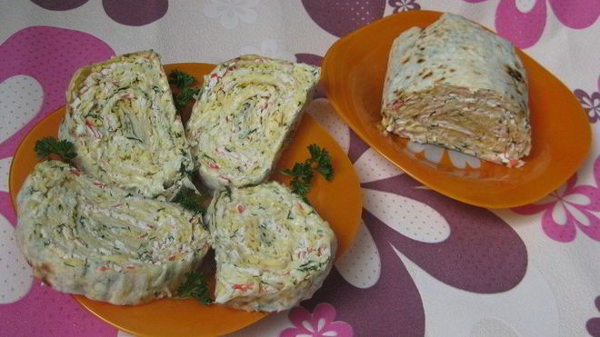 Рецепт Рулета из лаваша с крабовыми палочками
