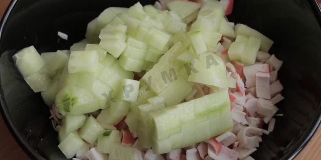 Рецепт тарталеток с крабовыми палочками кукурузой и огурцом