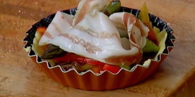 Рецепт тарталеток с шампиньонами, спаржей и сладким перцем