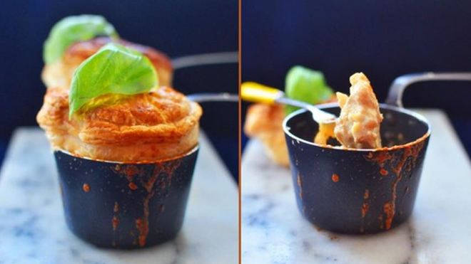 Рецепт жюльена из красного окуня с крышечками из слоеного теста